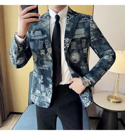 2024 Autumn Winter Jacquard Denim Suit Jacket for Men Fashion Business Casual Blazers Streetwear Social Men Clothing