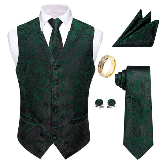 Men's Paisley V-Neck Waistcoat 5-Piece Set Dark Green Wedding & Banquet Vest with Tie, Pocket Square, Cufflinks & Ring