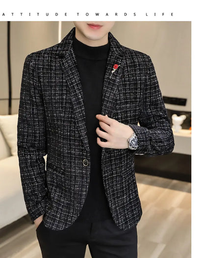 Korean Fashion Woven Suit Jacket for Men Autumn Slim Fit Casual Men Blazers Street Wear Social Business Dress Coats Men Clothing