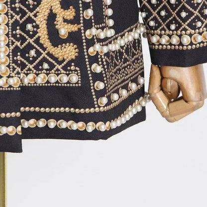 Autumn New Women's Elegant Fashion Luxury Heavy Craft Beaded Printed Coat Stylish V-neck Long Sleeve High-end Blazer HK8297
