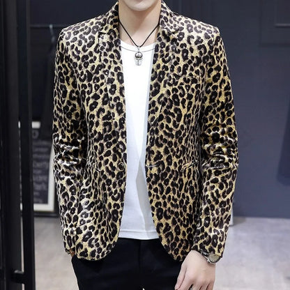 KIDWHXR Suit Coat Man Vintage Fashion Leopard Print Long Sleeve Male Blazer Slim Single-breasted Casual Versatile Man Outerwear