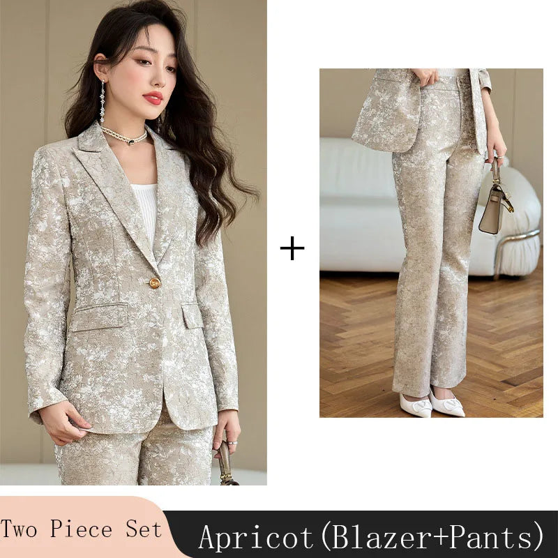 Fashion Apricot Printing Women Pant Suit Elegant Business Office Ladies 2 Piece Set Female Formal Blazer And Trouser