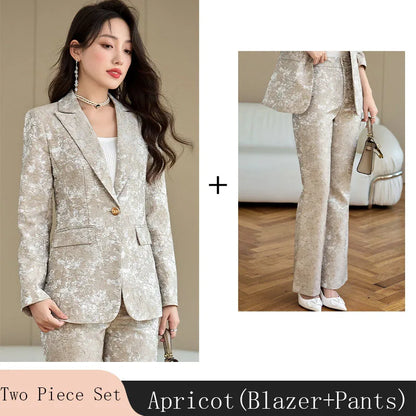 Fashion Apricot Printing Women Pant Suit Elegant Business Office Ladies 2 Piece Set Female Formal Blazer And Trouser
