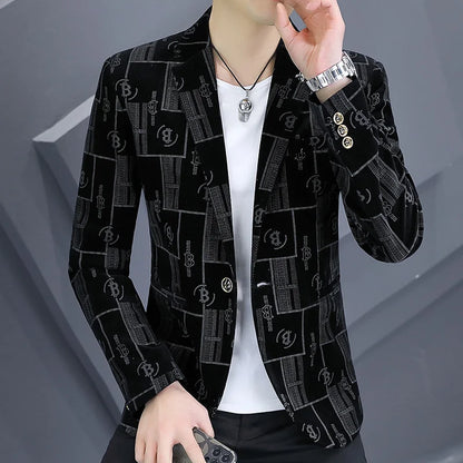 Autumn Luxury Corduroy Suit Jacket for Men Letter Printed Casual Business Men Blazers Slim Fit Social Banquet Party Dress Coats