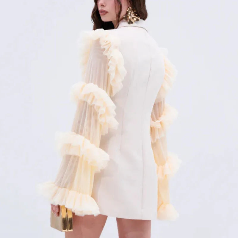 Spring Autumn New Women Blazer Double Breasted Ruffled Long Sleeve Patchwork Slim Fit Elegant Fashion Trendy Jacket HK13405