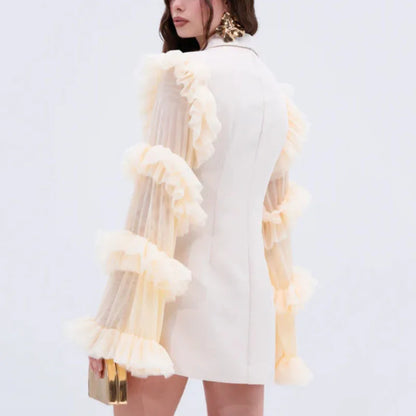 Spring Autumn New Women Blazer Double Breasted Ruffled Long Sleeve Patchwork Slim Fit Elegant Fashion Trendy Jacket HK13405