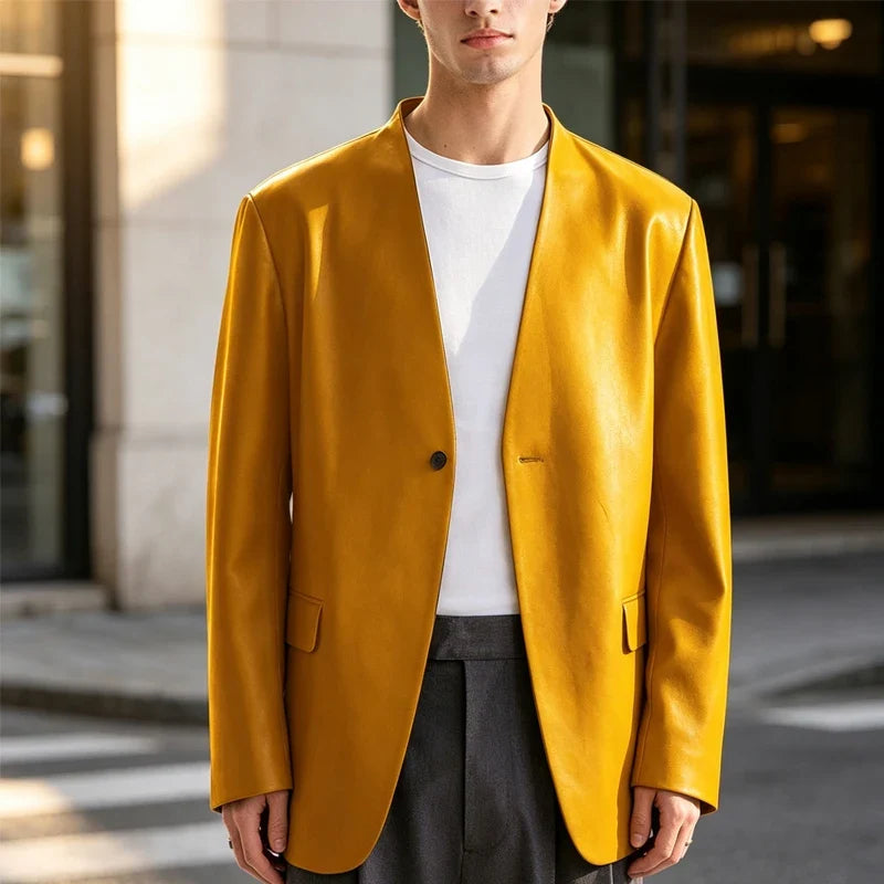 Men's PU Leather Collarless Blazer Single Button Loose Fit Jacket for Wedding Party Office