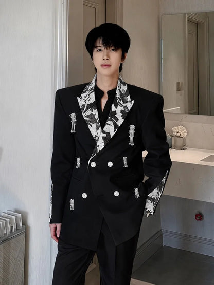 Business Men Work Suit Diamond Tassel Flower Collar Double Breasted Blazer Pants Three Piece Set Loose Fit Gown Dress Suit Sets