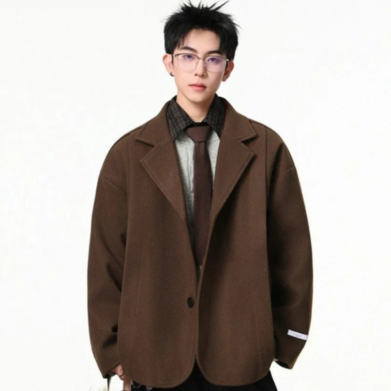 Men's British Style Brown Wool Blend Blazer Korean Loose Lapel Chic Autumn Fashion Suit Jacket