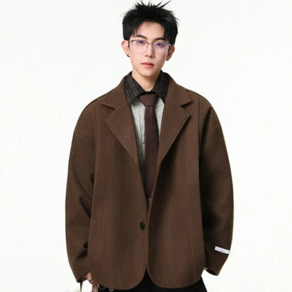 Men's British Style Brown Wool Blend Blazer Korean Loose Lapel Chic Autumn Fashion Suit Jacket