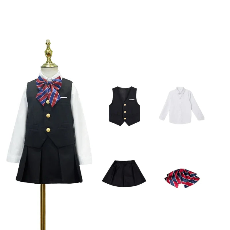 Boys Girls 4Pieces Suit Set Kids School Uniform With Vest Pants Shirts Tie Twins Birthday Piano Performance Costume