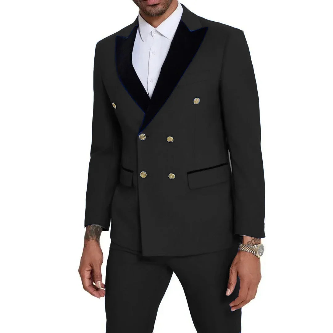 Men Suit 2 Pieces Royal Blue With Black Lapel Double Button For Wedding Business Banquet Party Office Daily Work Jacket And Pant