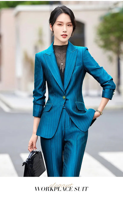 Professional Women's Suit2024New Autumn Green Striped Acetate Suit Workwear Elegant High-end Workplace Formal Wear