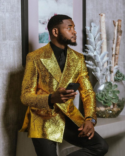 Gold Men's Suit 2 Pieces Blazer Black Pants One Button Peaked Lapel Business Slim Fit Formal Host Wedding Groom Costume Homme