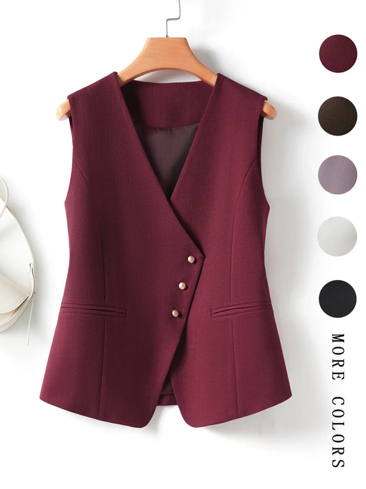 Burgundy Short Oblique Button V Neck Vest for Women in Spring and Autum Fashionable Slimming Look Sleeveless Top for Outer Wear