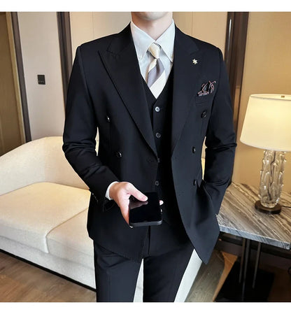 (Jackets+Pants) Luxury Double Breasted Design Slim Fit Suit High Quality Fashion Men's Wedding Social Suit Tuxedo 2 Piece Set