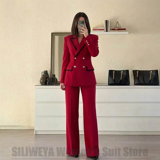Women's Red Suit Two Piece Set Double Breasted Blazer with Black Trim and Pants Elegant Formal Fashion Daily Casual Party Tuxedo