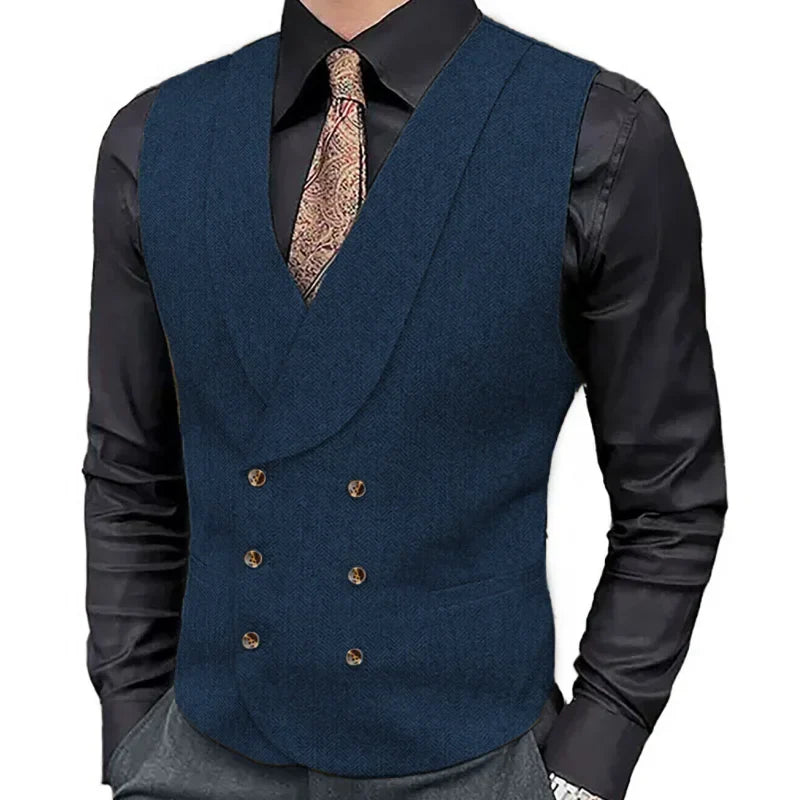 Men's Herringbone Double-Breasted Vest with Lapel – Brown Suit Waistcoat for Wedding & Formal Occasions