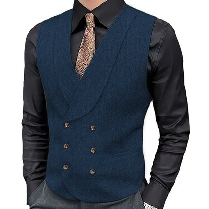 Men's Herringbone Double-Breasted Vest with Lapel – Brown Suit Waistcoat for Wedding & Formal Occasions