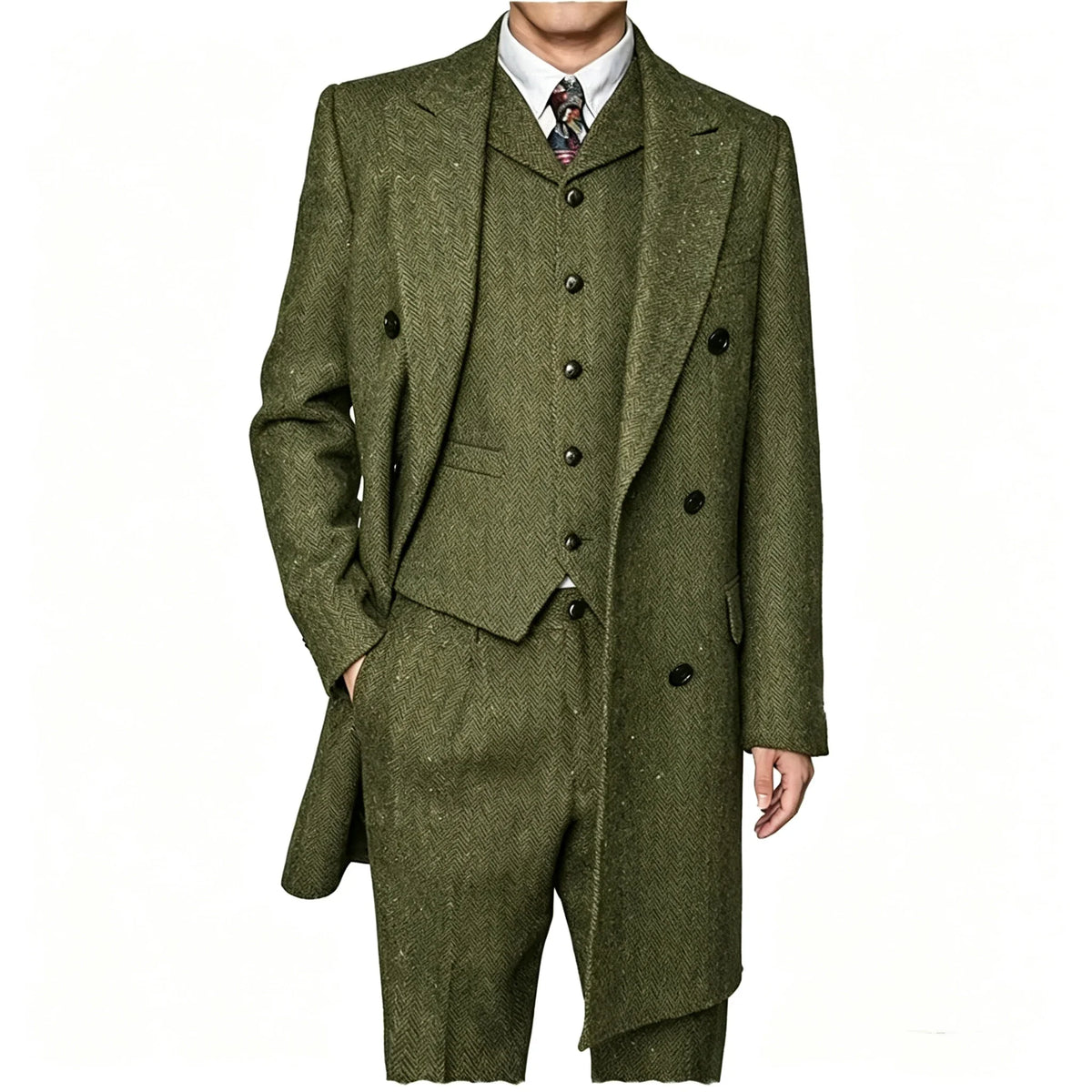 Men Vintage Herringbone Tweed 3 Piece Suit Double Breasted Overcoat Vest Pants Wedding Busines British Style Wool Blend Suit Set
