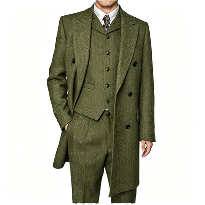 Men Vintage Herringbone Tweed 3 Piece Suit Double Breasted Overcoat Vest Pants Wedding Busines British Style Wool Blend Suit Set