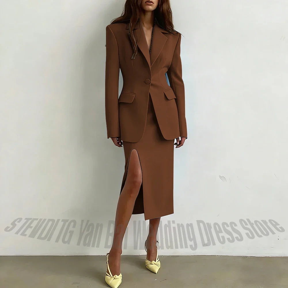 Notched Lapel Women Suit 2 Pieces Solid Color Stylish Single Button Side Slit Elegant Luxury Female Outfit(Jacket+Skirt)