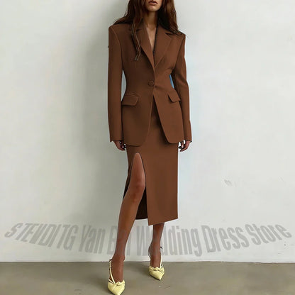 Notched Lapel Women Suit 2 Pieces Solid Color Stylish Single Button Side Slit Elegant Luxury Female Outfit(Jacket+Skirt)