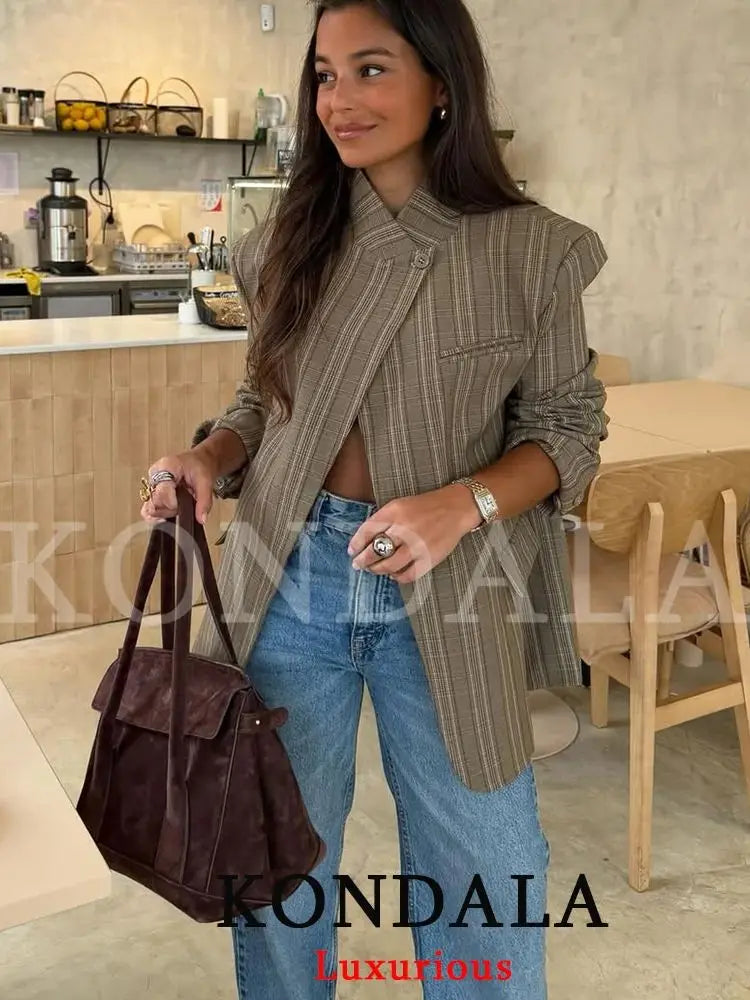 Office Lady Chic Plaid Women Blazer Single Button Front Split Oversize Blazer Fashion 2026 Spring Summer Office Lady Top