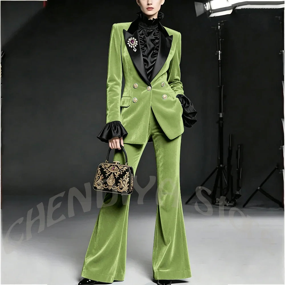 Wine Red Women Suit Stylish Velvet Elegant Outfit Peaked Lapel Blazer Pants Evening Party Prom Female Clothing Two Pieces