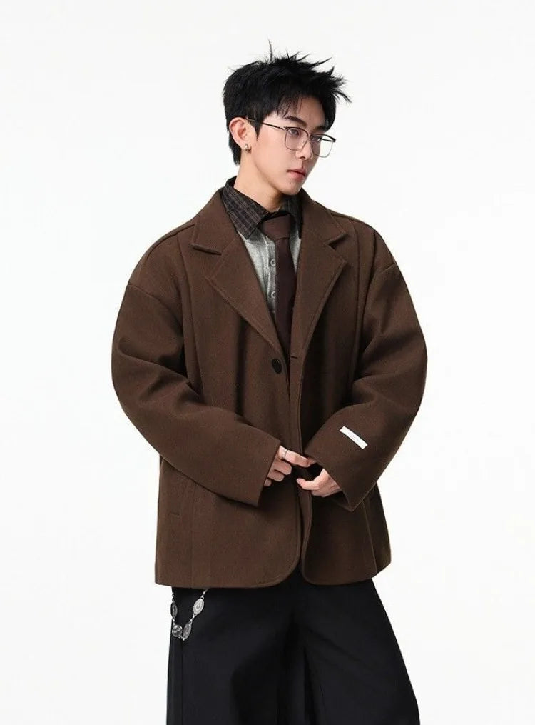 Men's British Style Brown Wool Blend Blazer Korean Loose Lapel Chic Autumn Fashion Suit Jacket