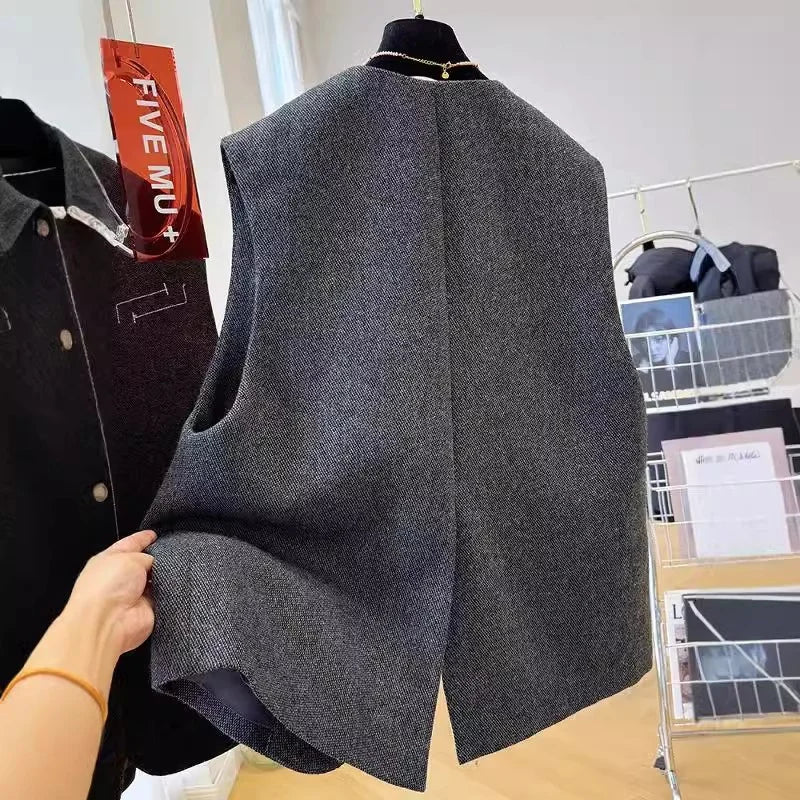 Spring Autumn Lady Fashion Sleeveless Jacket Women High End Casual Vest Outwear Korean Female Round Neck Cardigan Waistcoat Coat