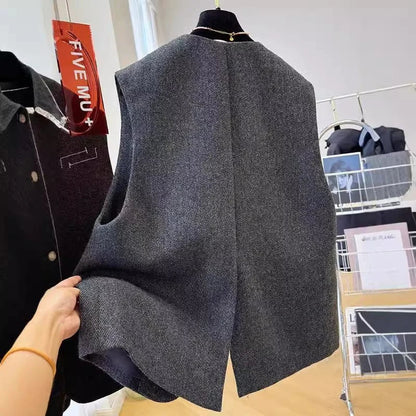 Spring Autumn Lady Fashion Sleeveless Jacket Women High End Casual Vest Outwear Korean Female Round Neck Cardigan Waistcoat Coat