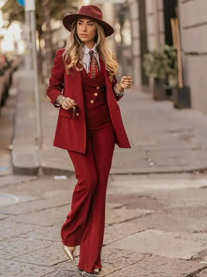 Customized Color Red 3 Pieces Suit Sets for Women Peak Lapel Jacket Vest Pants Sets Slim Fit Office Daily Smoking Lady Clothing