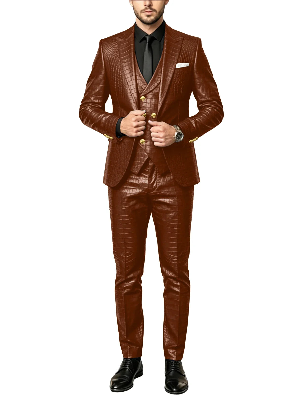 Men's 3 Piece Suit Crocodile Pattern Prime PU Leather Single Breasted Gold Buttons Slim Fit Wedding Dinner Party Formal Outfit ﻿