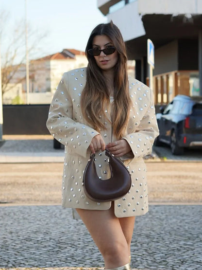 Women's Summer New Rivet Decorative V-neck No-button Casual Suit Jacket Female Temperature Sequin Suit Long Sleeve Jacket