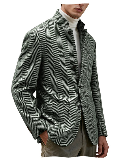 Men's Herringbone Tweed Stand Collar Blazer  Notch Lapel Slim Fit Wool Blend Sport Coat Business Casual Wedding Prom Man Jackets
