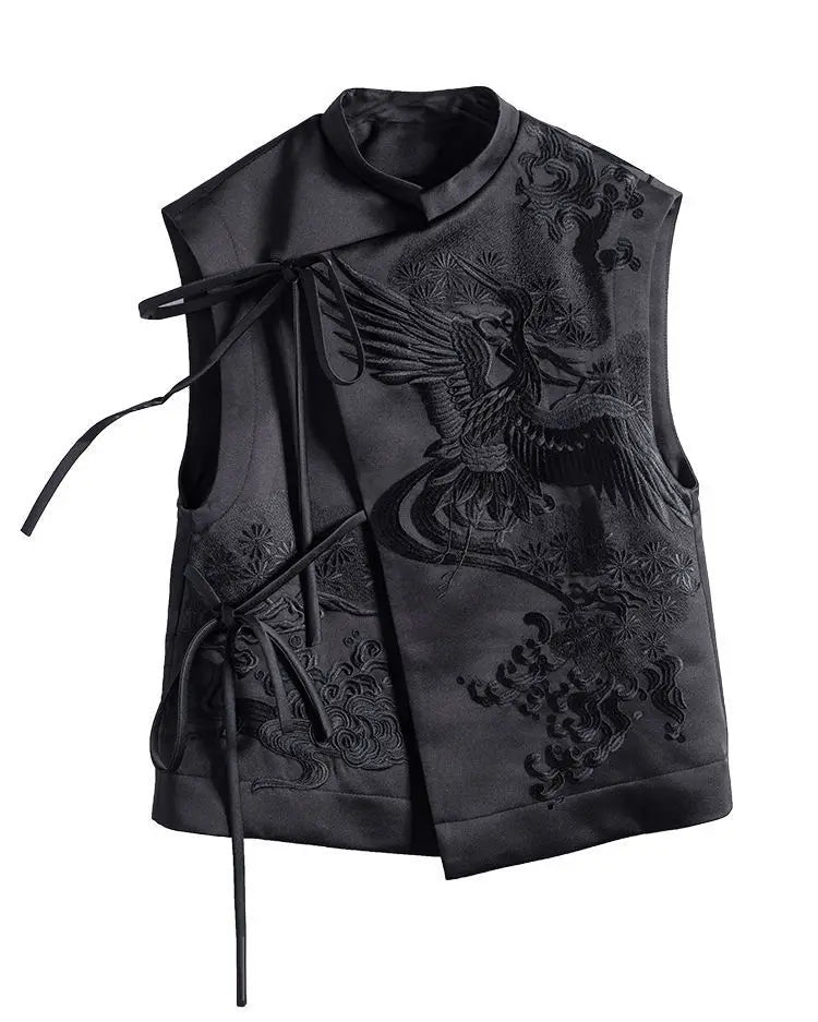 Vintage Chinese Style Vest Outerwear White Crane Embroidered Lacing Waistcoat 2025 Spring Summer Elegant Women's Clothing
