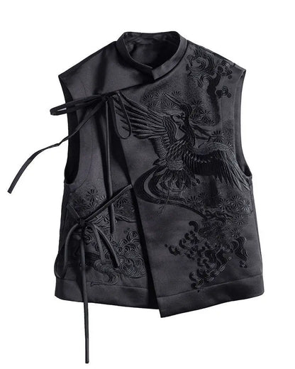Vintage Chinese Style Vest Outerwear White Crane Embroidered Lacing Waistcoat 2025 Spring Summer Elegant Women's Clothing