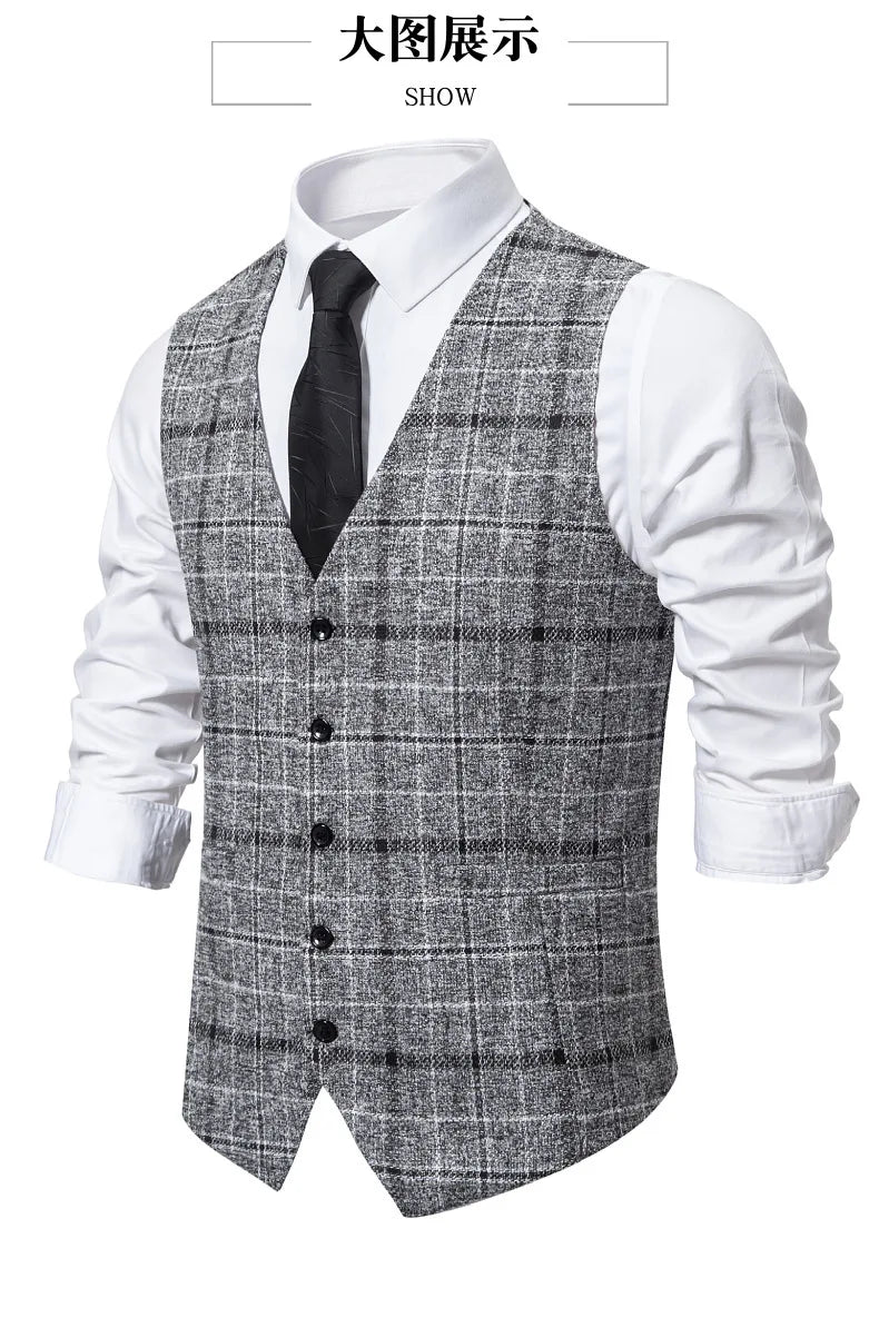 Men's Slim Fit Single Breasted Suit Vest – Plaid Waistcoat for Weddings & Banquets