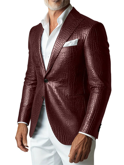 Men's Crocodile PU Leather Blazer Jacket Vintage Single Breasted Suit Coat Fashion Party Wedding Business Casual Outerwear