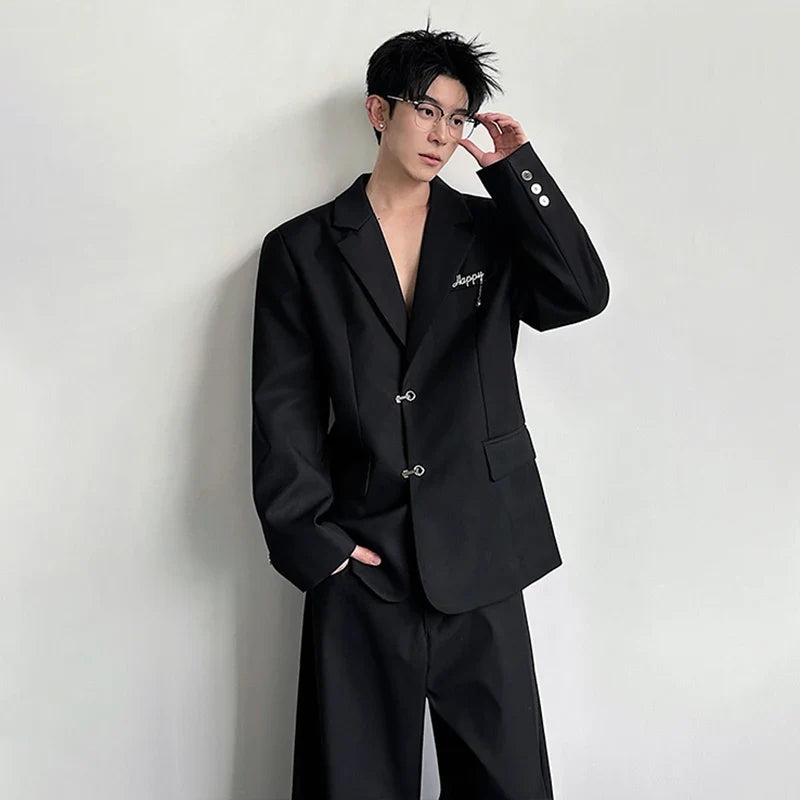 Spring Fashion Metal Buckle Decorate Solid Color Blazer Coat Men's Elegant Temperament Luxury Casual Male Clothes JY6115