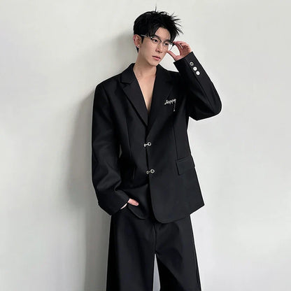 Spring Fashion Metal Buckle Decorate Solid Color Blazer Coat Men's Elegant Temperament Luxury Casual Male Clothes JY6115