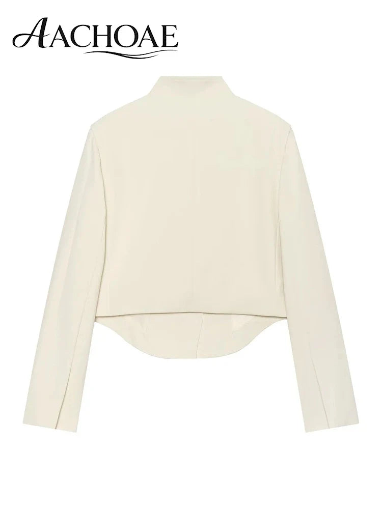 Women's Minimalist Cropped Blazer Stand Collar Suit Jacket Elegant Office Business Casual Long Sleeve Short Coat