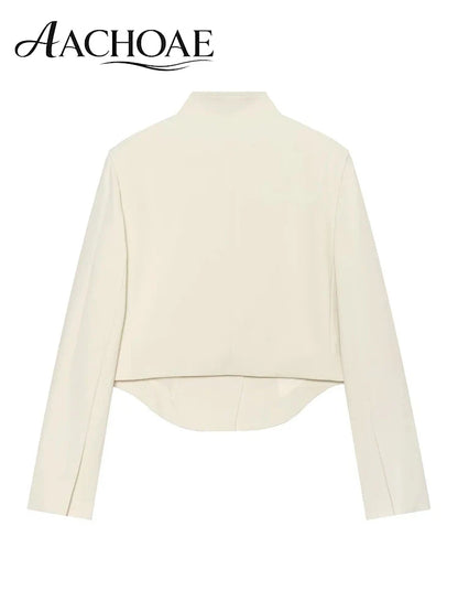 Women's Minimalist Cropped Blazer Stand Collar Suit Jacket Elegant Office Business Casual Long Sleeve Short Coat