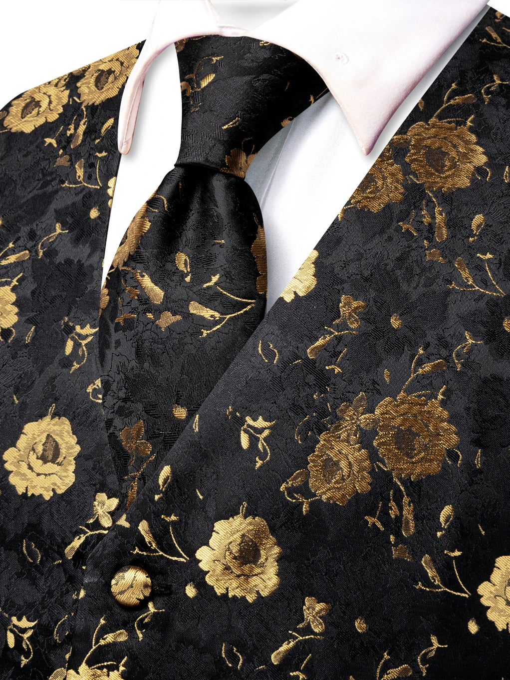 Men's Waistcoat Set Jacquard Floral Black Yellow Formal Wedding Tuxedo