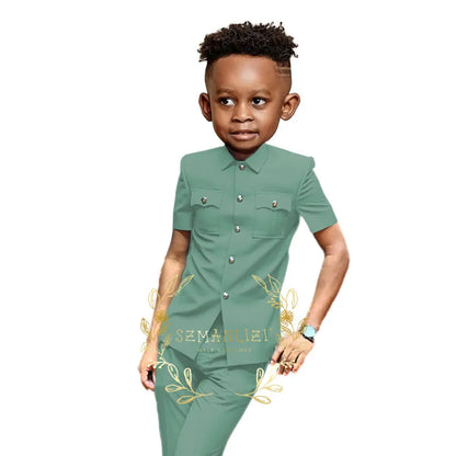 Boys Suit Black 2 Pieces Short Sleeve Party Tuxedo Formal Wedding Kids Clothes Indian Style Blazer Pants 2-16 Years Old