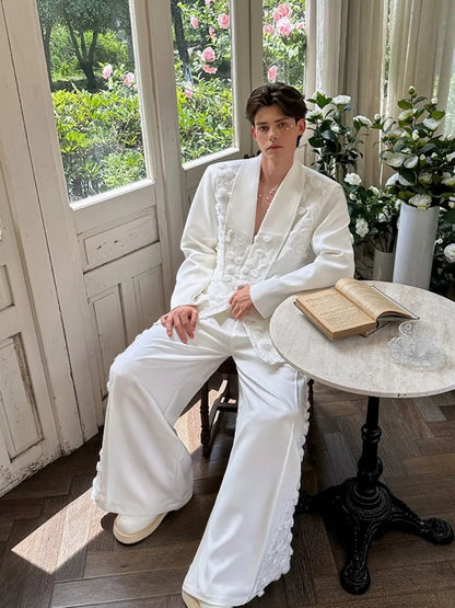 Mens Spliced Flowers Suit Jacket Wide Leg Pants Two Piece Set Loose Fit Spring Summer Designer Elegant Fashion Banquet Suits Set