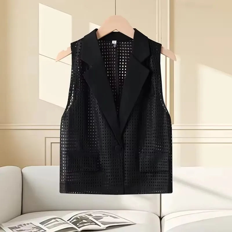 2026  Summer New Women's Openwork Coat Knitted Vest Cardigan Thin  Tops Female Fashion Loose Ladies Outwear Waistcoat Stitching
