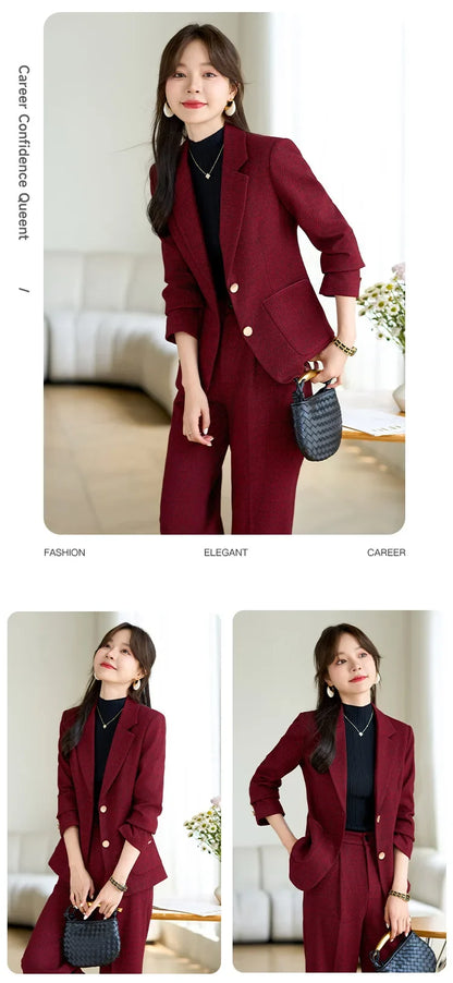 High Quality Fabric Velvet Autumn Winter Women Business Work Wear Suits Pantsuits Formal OL Styles Professional Trousers Set
