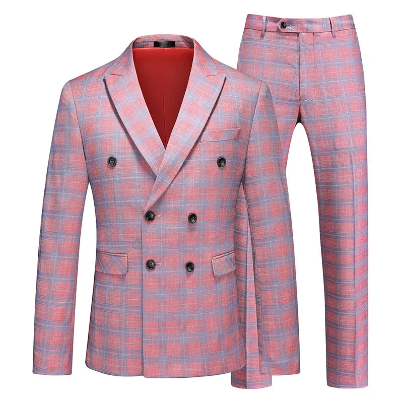 (Jacket + Pants) Men Wedding Party Double Breasted Suits New Male Slim Fit Flip Collar Formal Dress Set